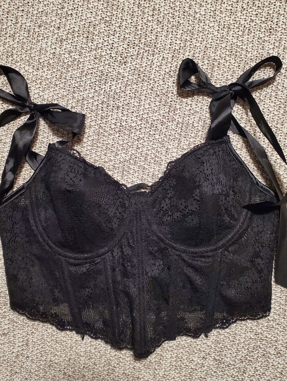 Black Lace Longline Bralette with Satin Tie Straps